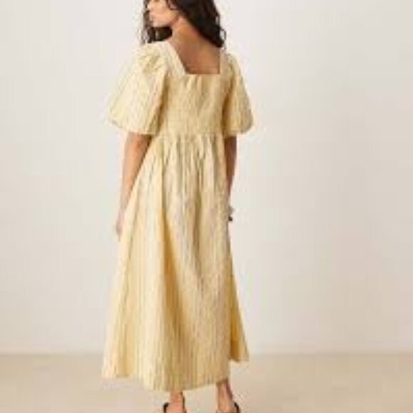 YAS puff sleeve bow front textured midi woman dress in yellow size 8 - Picture 2 of 9